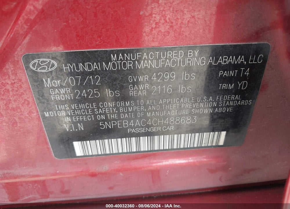 2012 HYUNDAI SONATA GLS VIN: 5NPEB4AC4CH488683