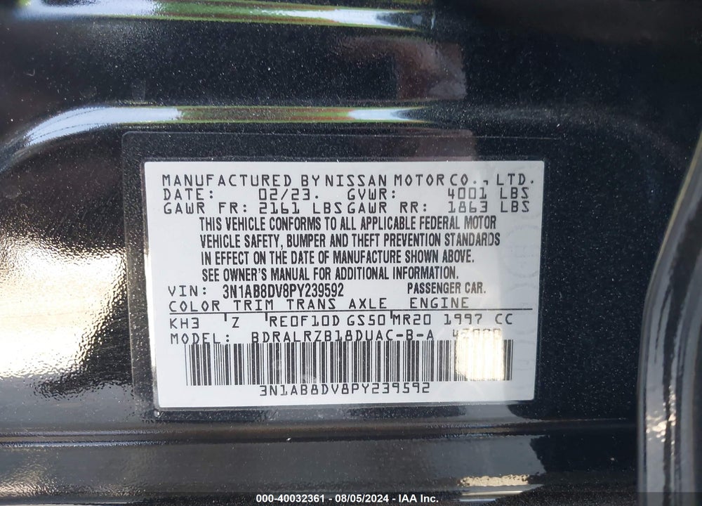 2023 NISSAN SENTRA SR XTRONIC CVT VIN: 3N1AB8DV8PY239592