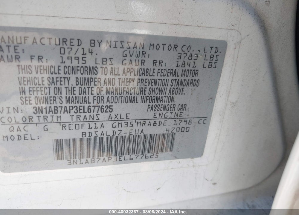 2014 NISSAN SENTRA FE+ S/FE+ SV/S/SL/SR/SV VIN: 3N1AB7AP3EL677625