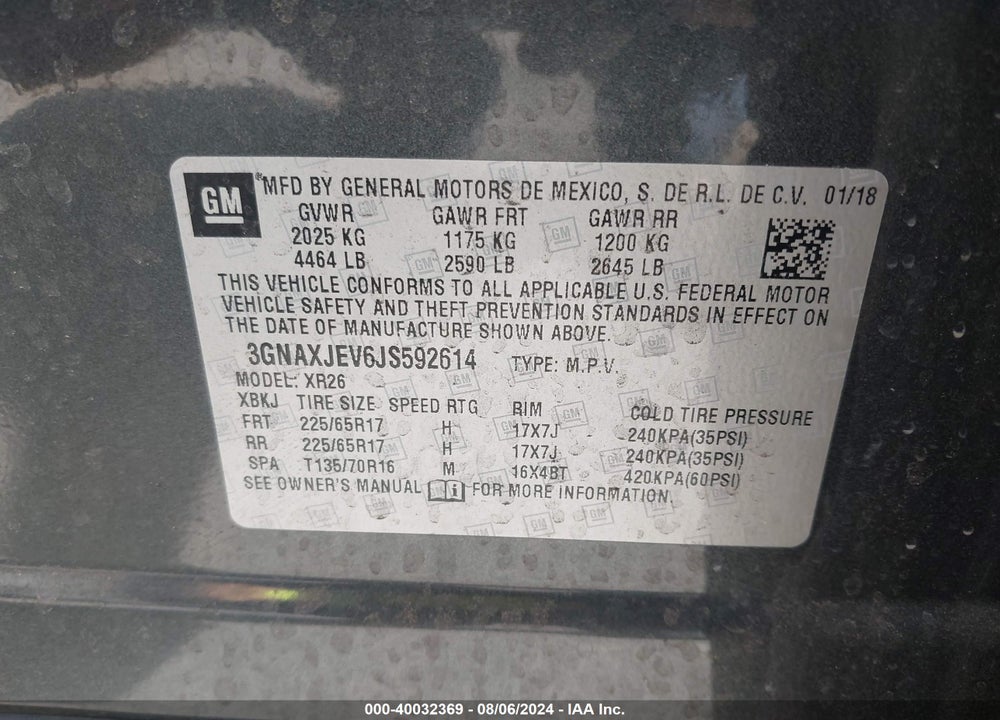 2018 CHEVROLET EQUINOX LT VIN: 3GNAXJEV6JS592614
