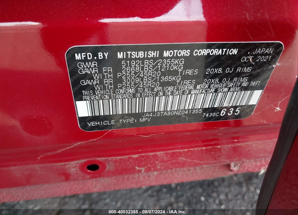 2022 MITSUBISHI OUTLANDER ES 2.5 2WD VIN: JA4J3TA80NZ041355