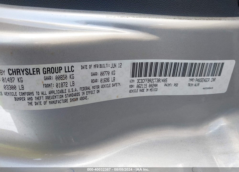 2012 FIAT 500 SPORT VIN: 3C3CFFBR2CT381405