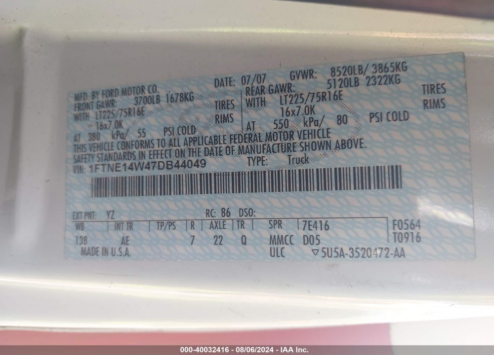 2007 FORD E-150 COMMERCIAL/RECREATIONAL VIN: 1FTNE14W47DB44049