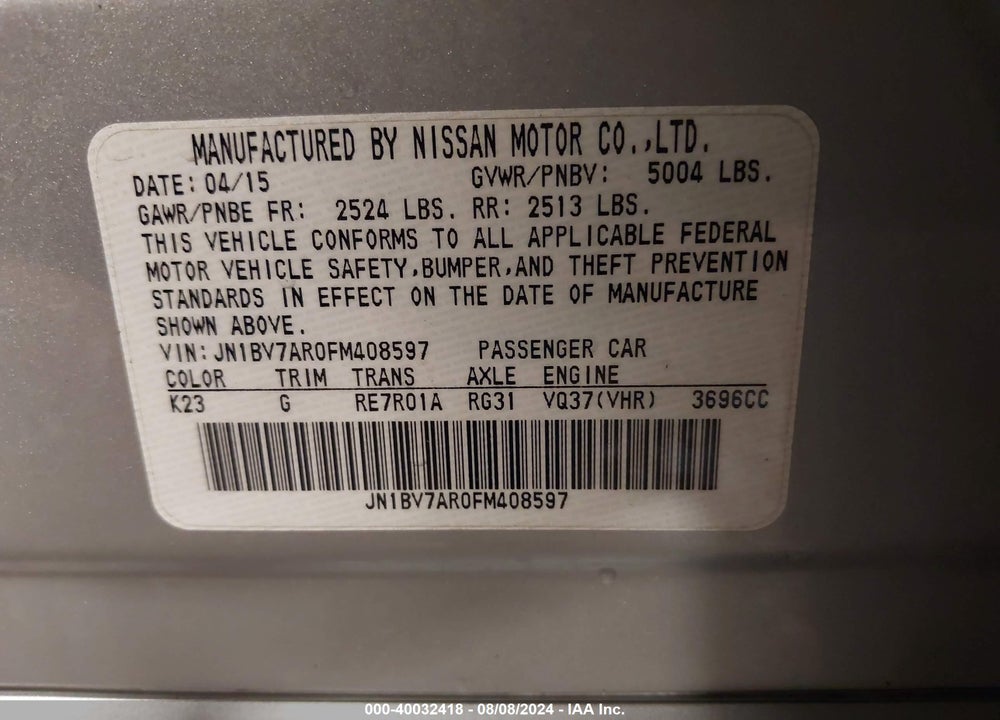 2015 INFINITI Q50 PREMIUM VIN: JN1BV7AR0FM408597