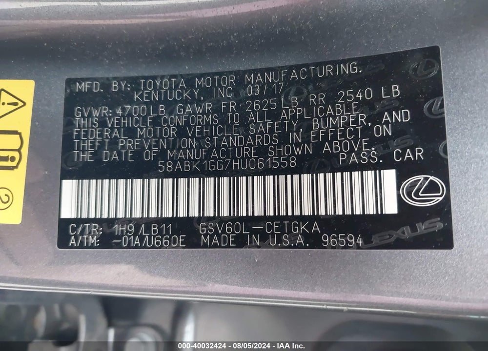 2017 LEXUS ES 350 VIN: 58ABK1GG7HU061558
