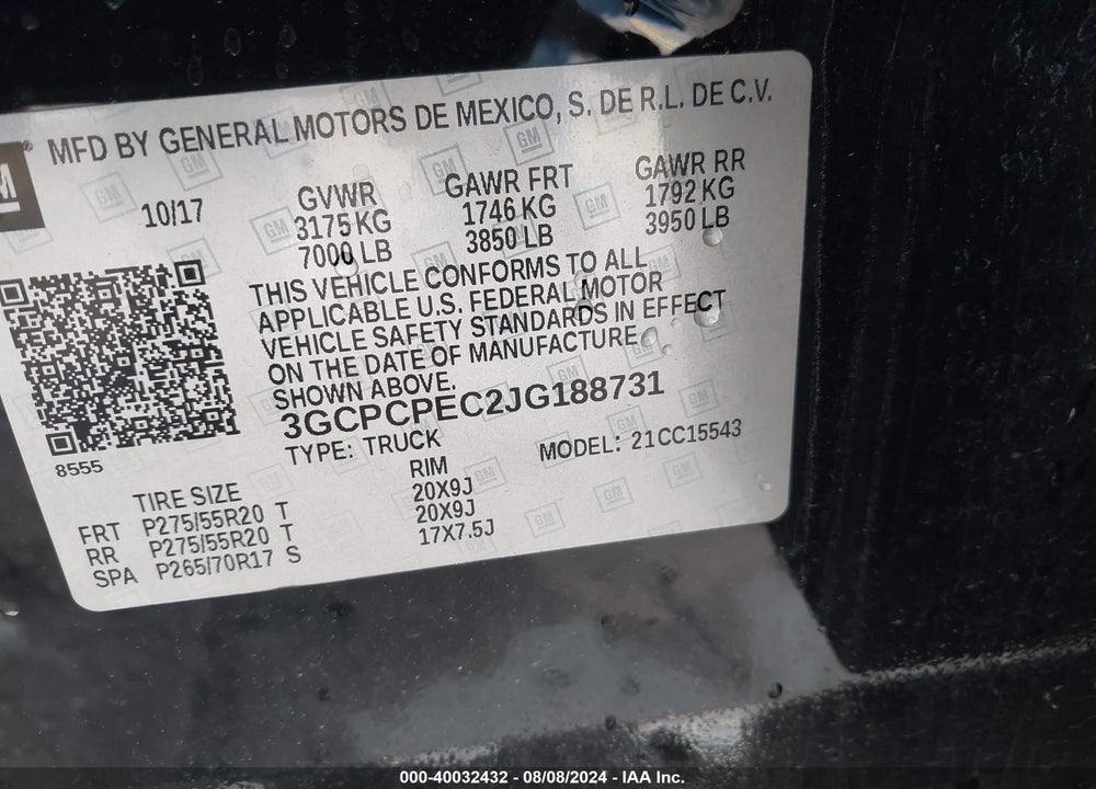 2018 CHEVROLET SILVERADO 1500 CUSTOM VIN: 3GCPCPEC2JG188731