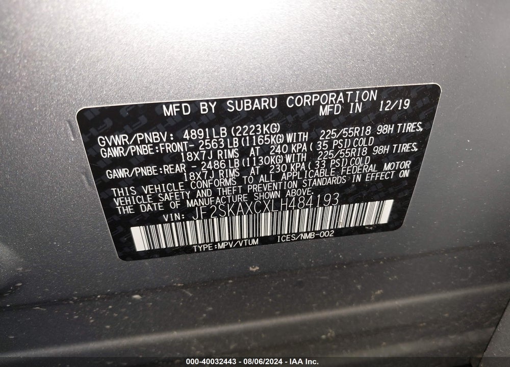 2020 SUBARU FORESTER TOURING VIN: JF2SKAXCXLH484193