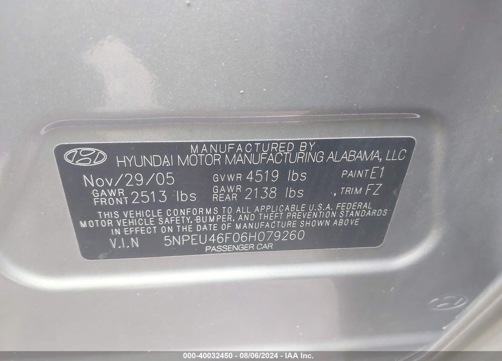 2006 HYUNDAI SONATA GLS V6/LX V6 VIN: 5NPEU46F06H079260