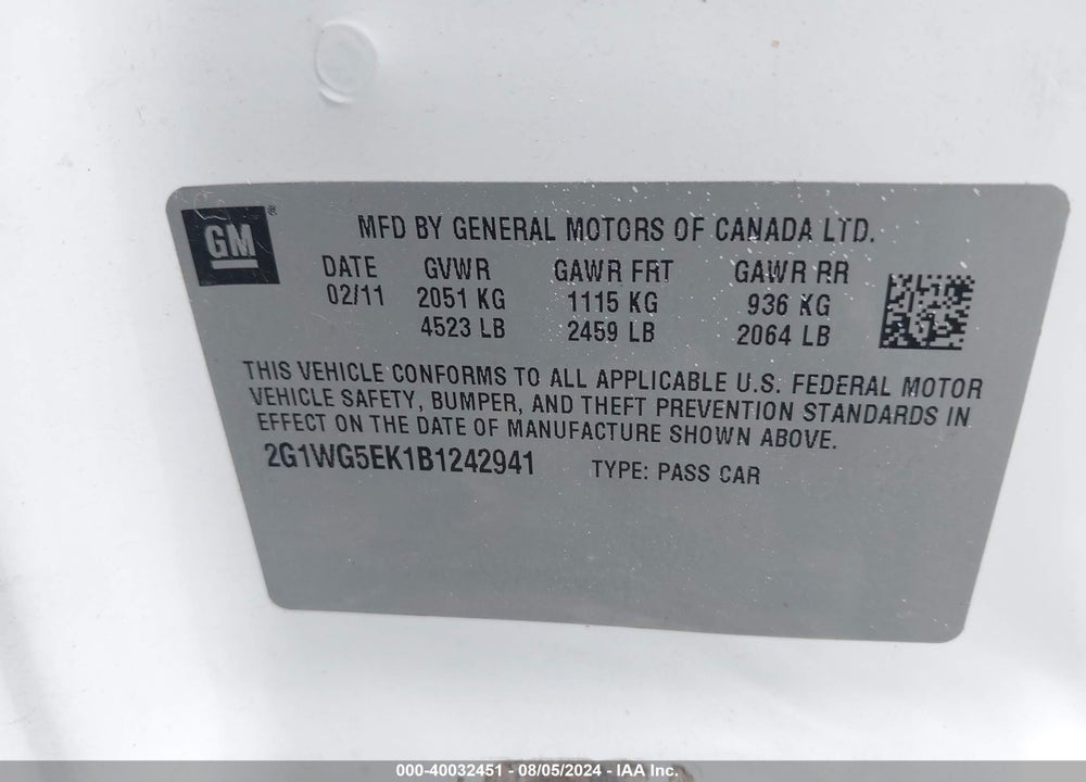 2011 CHEVROLET IMPALA LT VIN: 2G1WG5EK1B1242941