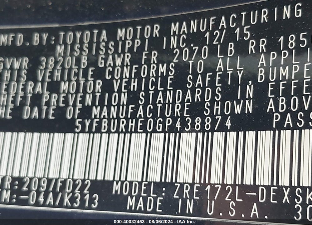 2016 TOYOTA COROLLA S PLUS VIN: 5YFBURHE0GP438874