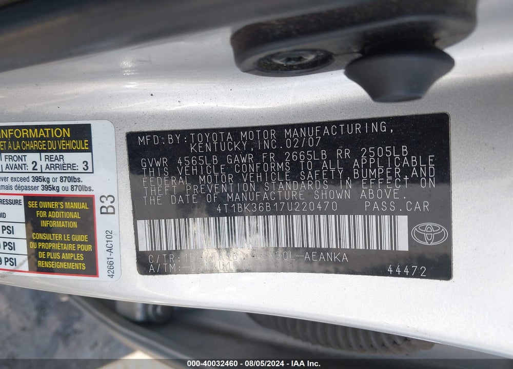 2007 TOYOTA AVALON XL VIN: 4T1BK36B17U220470