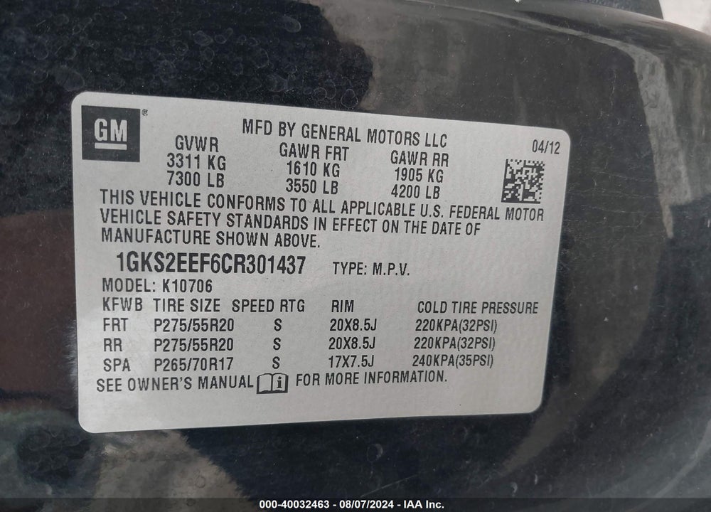 2012 GMC YUKON DENALI VIN: 1GKS2EEF6CR301437