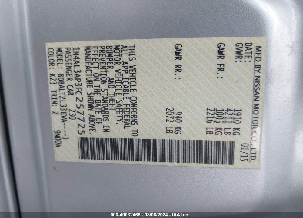 2015 NISSAN ALTIMA 2.5 SL VIN: 1N4AL3AP3FC257725