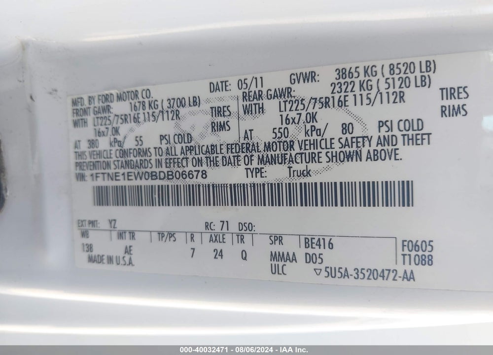 2011 FORD E-150 COMMERCIAL VIN: 1FTNE1EW0BDB06678