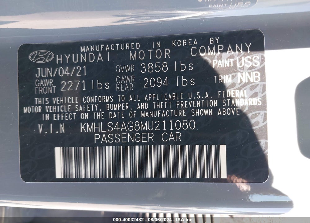 2021 HYUNDAI ELANTRA SEL VIN: KMHLS4AG8MU211080