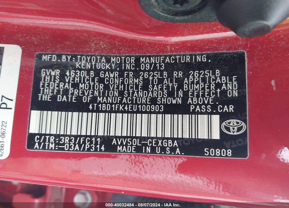 2014 TOYOTA CAMRY HYBRID XLE VIN: 4T1BD1FK4EU100903