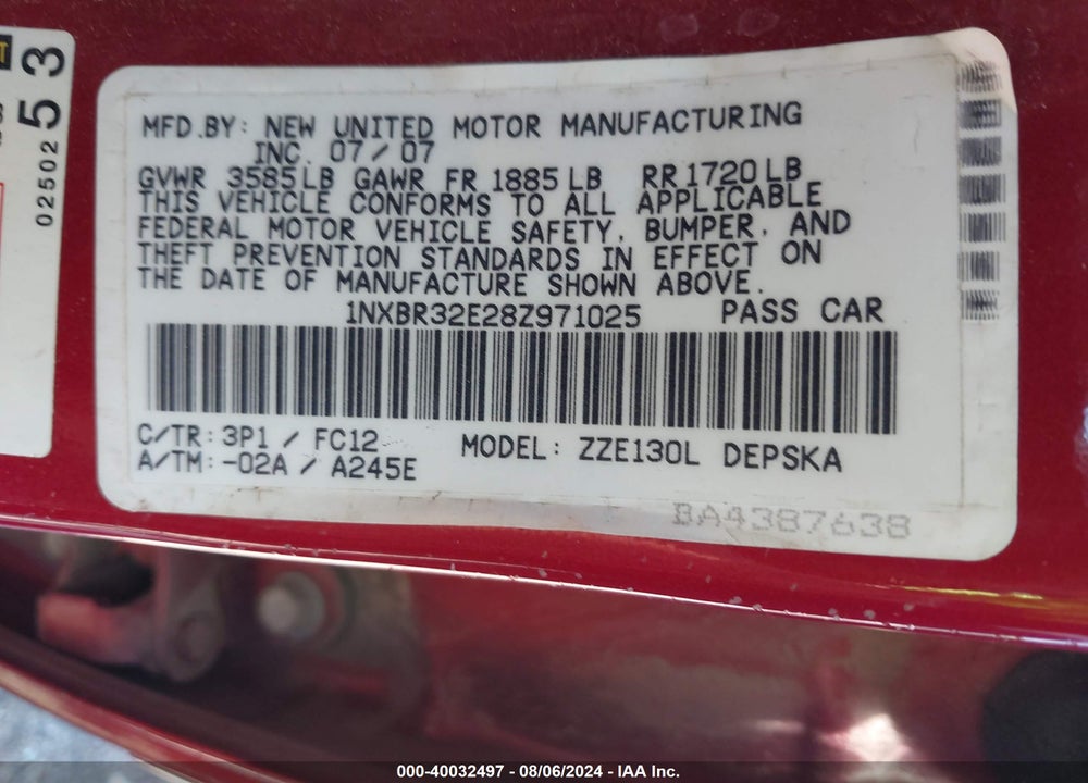 2008 TOYOTA COROLLA S VIN: 1NXBR32E28Z971025