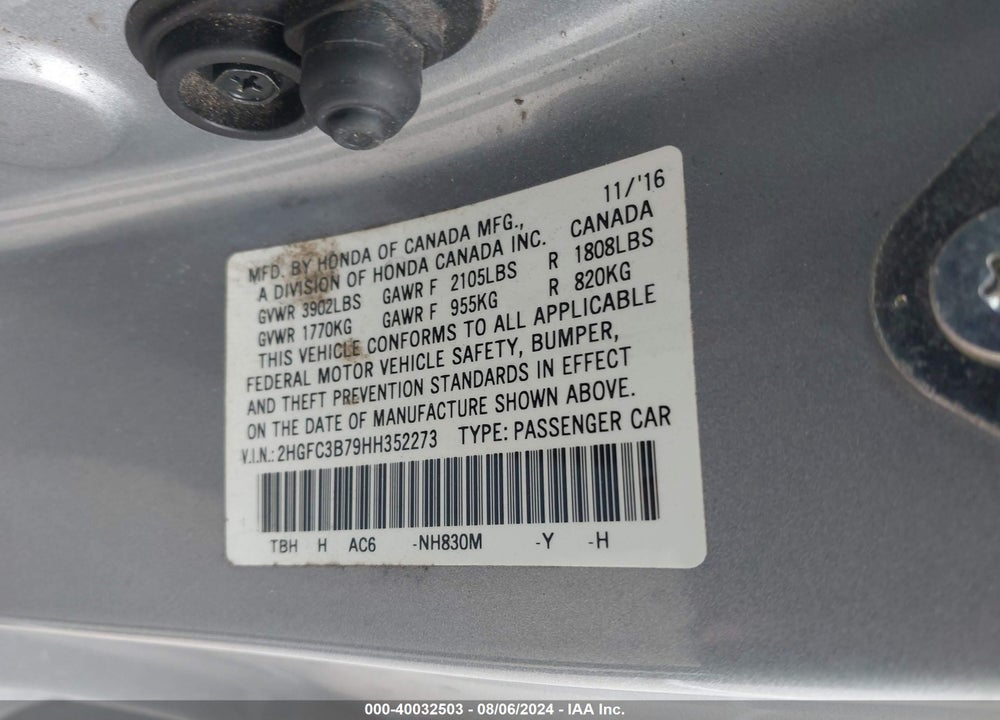 2017 HONDA CIVIC EX-L VIN: 2HGFC3B79HH352273