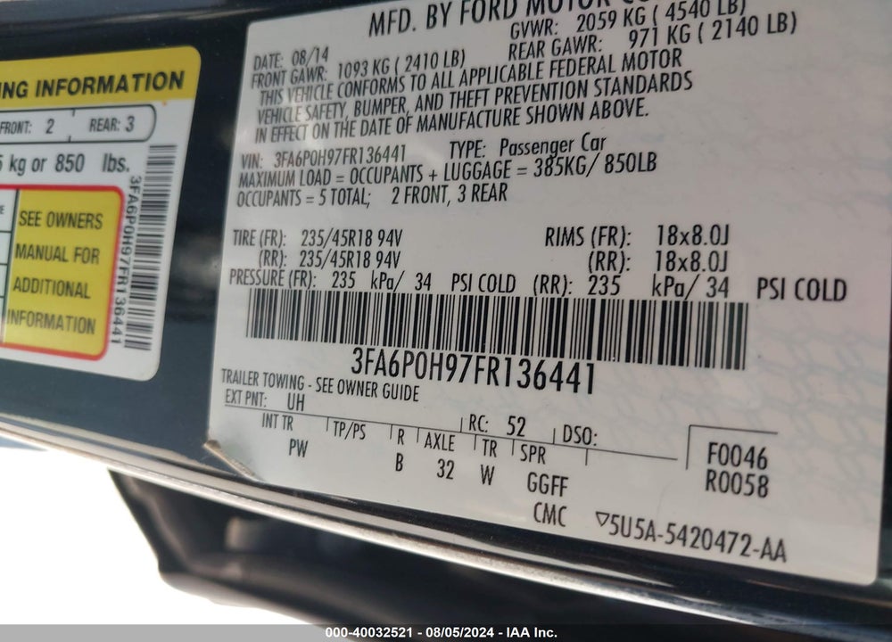 2015 FORD FUSION VIN: 3FA6P0H97FR136441