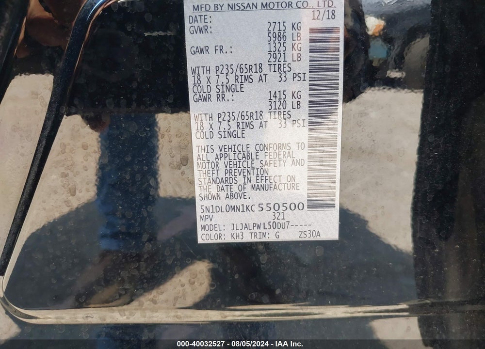 2019 INFINITI QX60 PURE VIN: 5N1DL0MN1KC550500