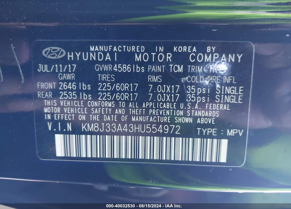 2017 HYUNDAI TUCSON VIN: KM8J33A43HU554972