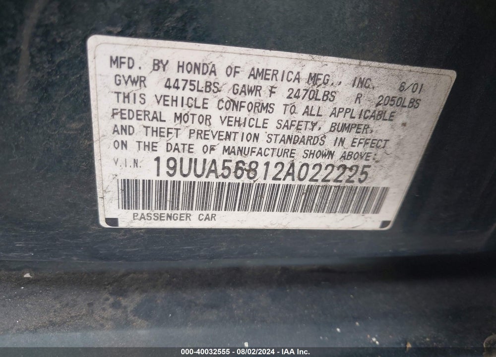 2002 ACURA TL 3.2 TYPE S VIN: 19UUA56812A022225