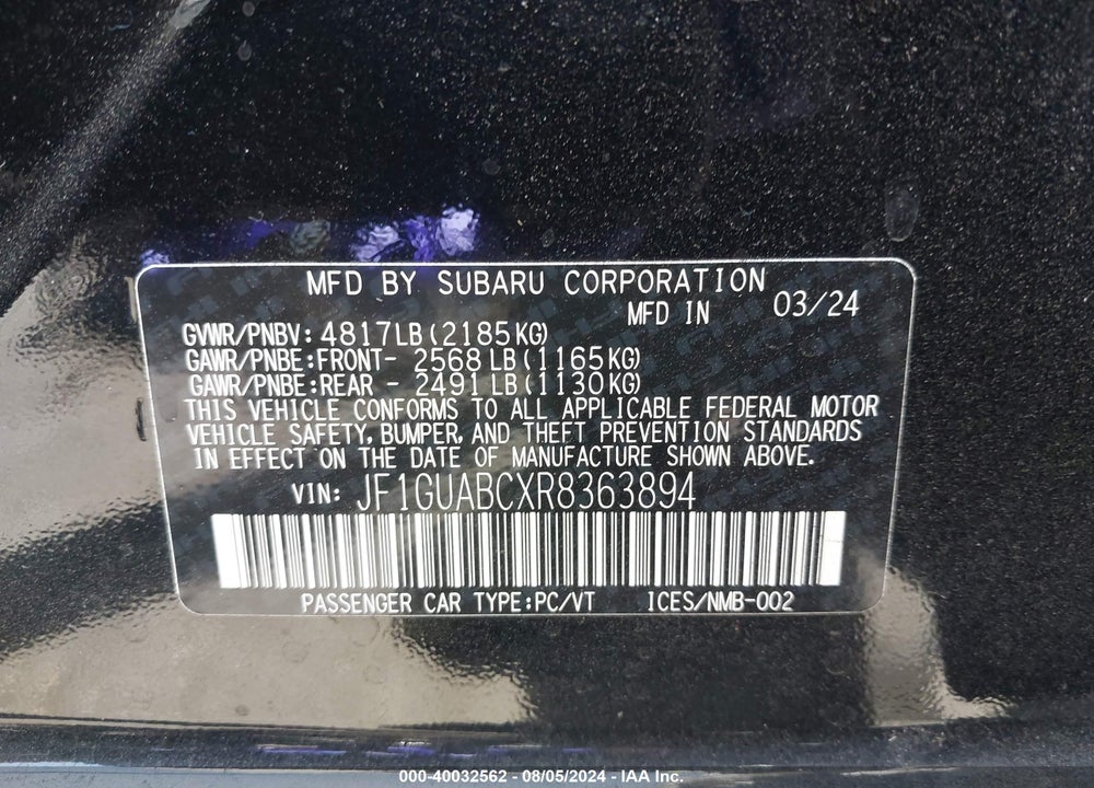 2024 SUBARU IMPREZA BASE 5-DOOR VIN: JF1GUABCXR8363894