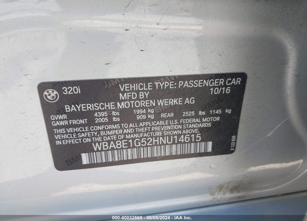 2017 BMW 320I VIN: WBA8E1G52HNU14615