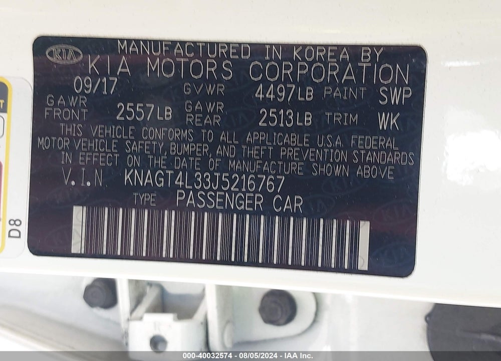 2018 KIA OPTIMA LX VIN: KNAGT4L33J5216767