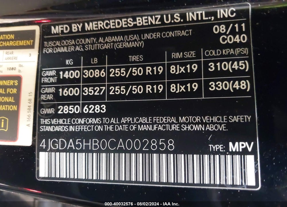 2012 MERCEDES-BENZ ML 350 4MATIC VIN: 4JGDA5HB0CA002858