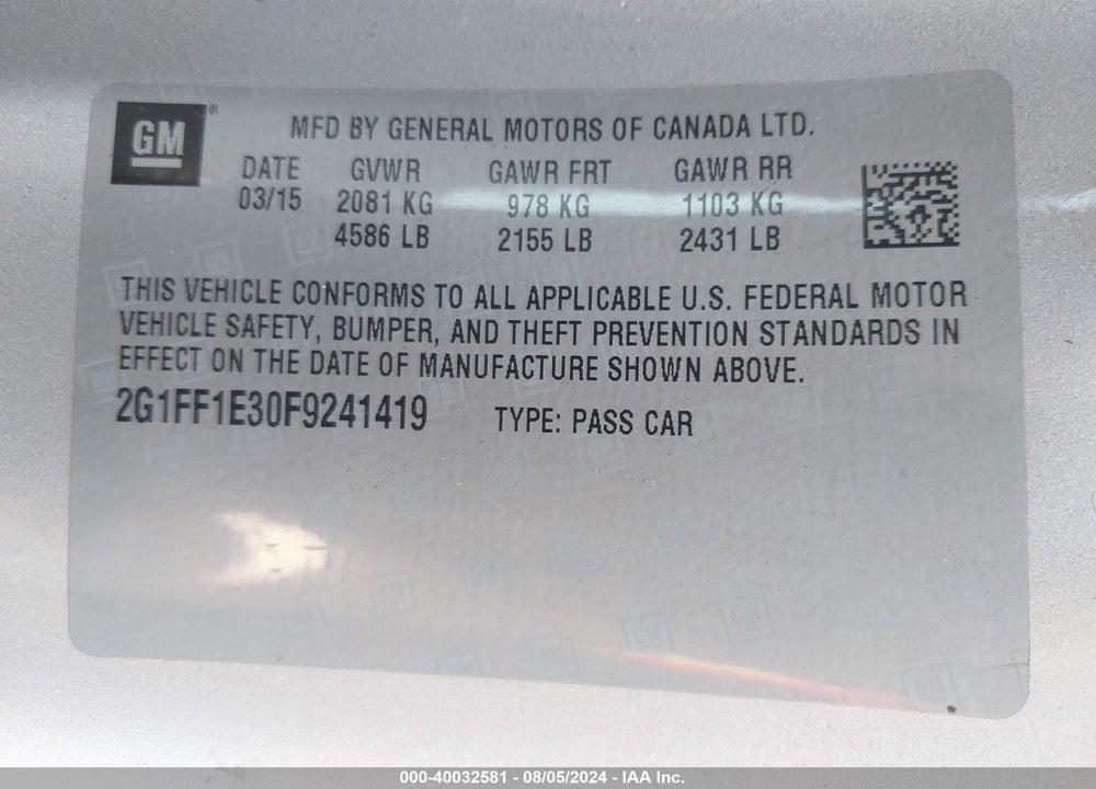 2015 CHEVROLET CAMARO 2LT VIN: 2G1FF1E30F9241419