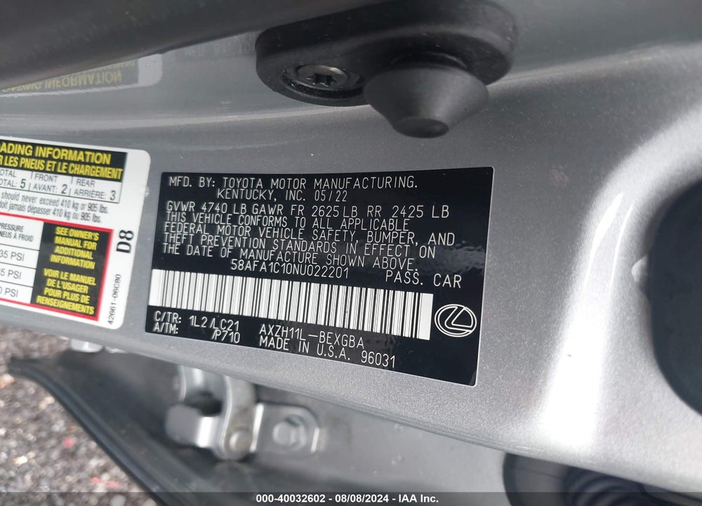 2022 LEXUS ES 300H ULTRA LUXURY VIN: 58AFA1C10NU022201