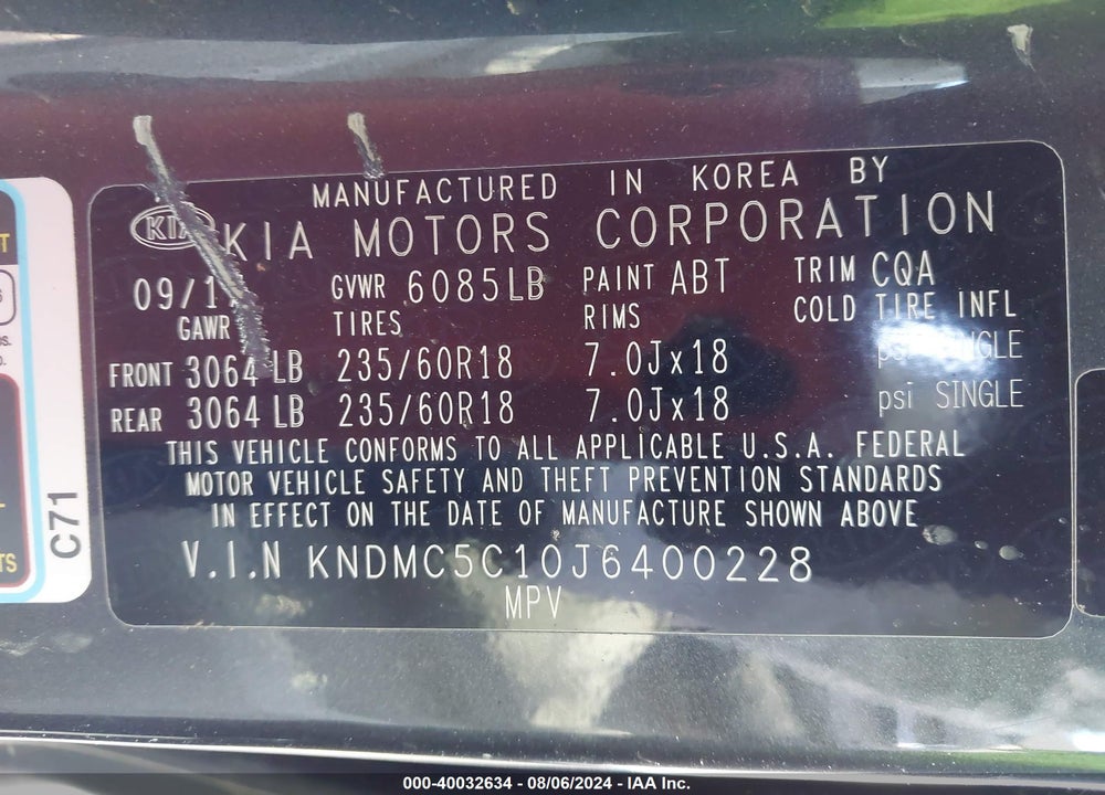 2018 KIA SEDONA EX VIN: KNDMC5C10J6400228