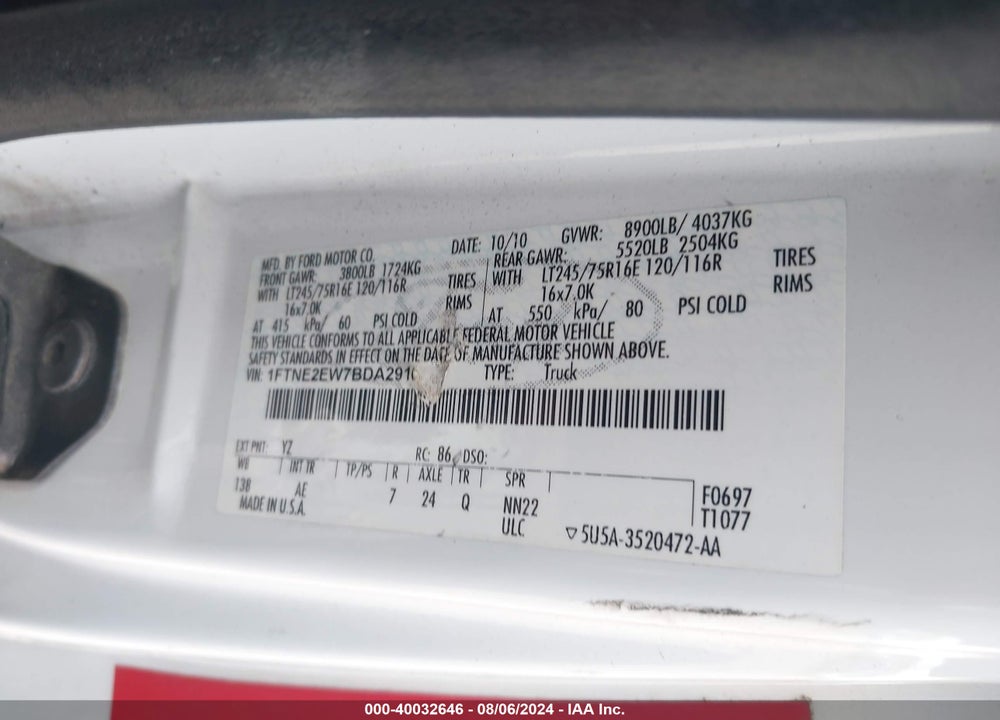 2011 FORD E-250 COMMERCIAL VIN: 1FTNE2EW7BDA29104