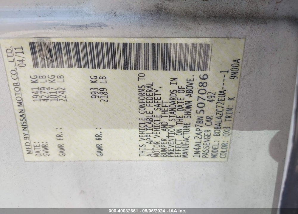 2011 NISSAN ALTIMA 2.5 VIN: 1N4AL2AP7BN507086
