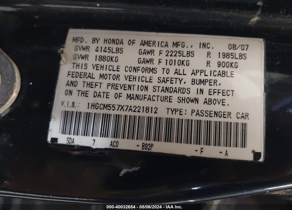 2007 HONDA ACCORD 2.4 EX VIN: 1HGCM557X7A221812