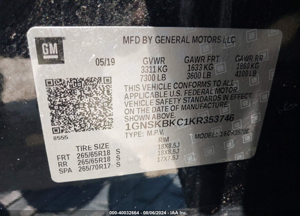 2019 CHEVROLET TAHOE LT VIN: 1GNSKBKC1KR353746
