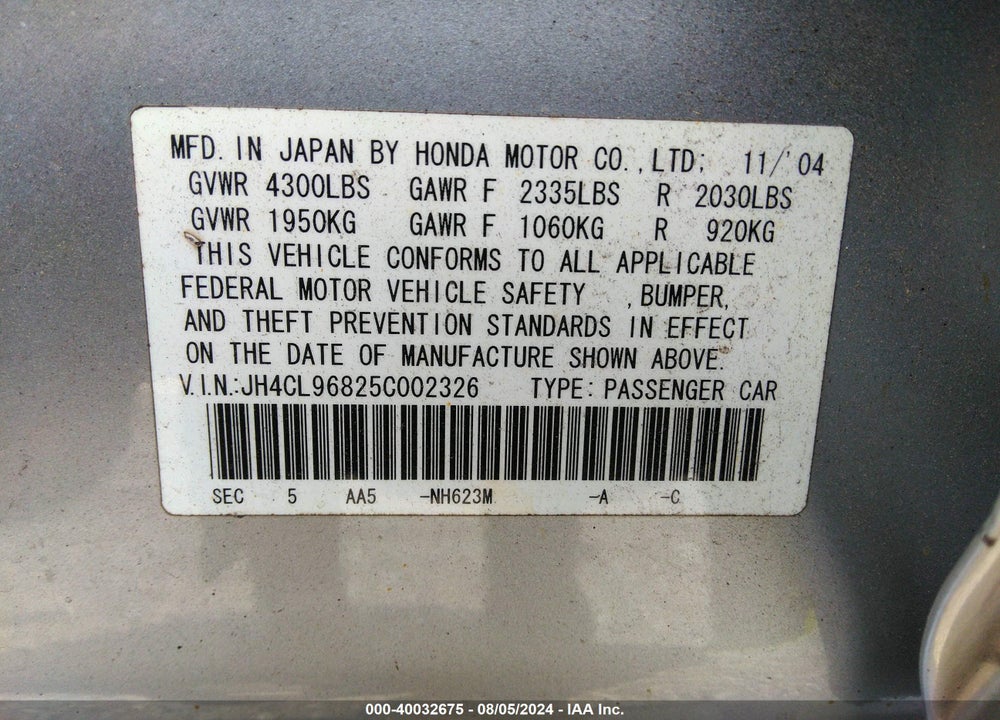 2005 ACURA TSX VIN: JH4CL96825C002326