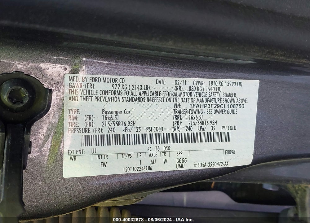 2012 FORD FOCUS SE VIN: 1FAHP3F29CL108750