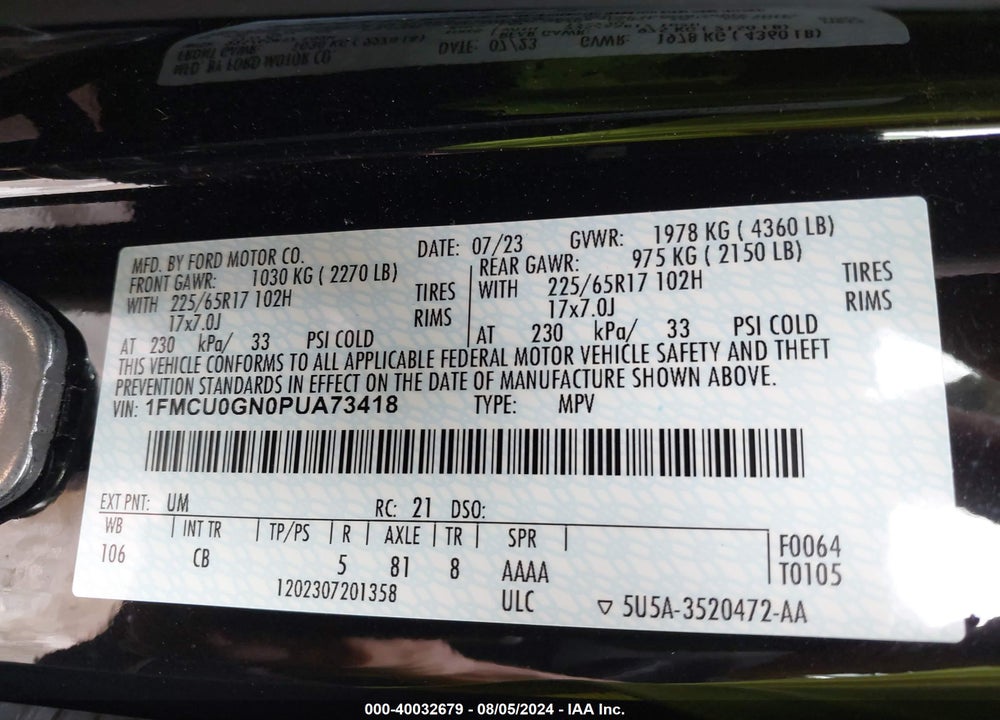 2023 FORD ESCAPE ACTIVE VIN: 1FMCU0GN0PUA73418