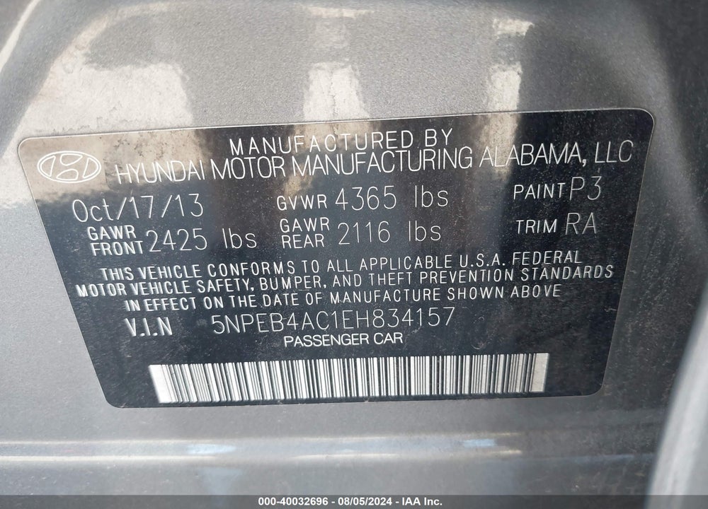 2014 HYUNDAI SONATA GLS VIN: 5NPEB4AC1EH834157