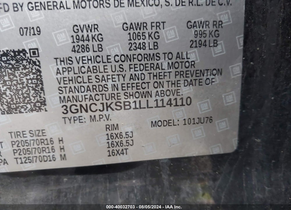 2020 CHEVROLET TRAX FWD LS VIN: 3GNCJKSB1LL114110