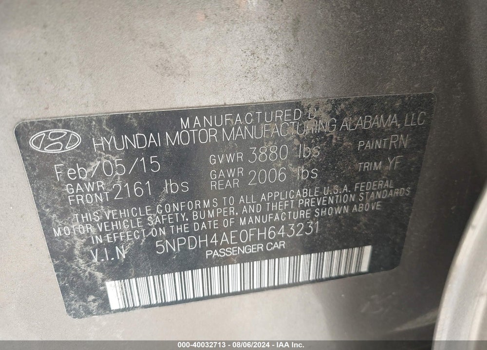 2015 HYUNDAI ELANTRA SE VIN: 5NPDH4AE0FH643231