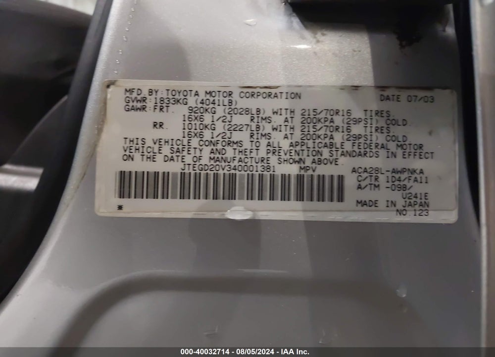 2004 TOYOTA RAV4 VIN: JTEGD20V340001381