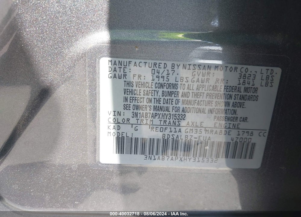 2017 NISSAN SENTRA S VIN: 3N1AB7APXHY315332