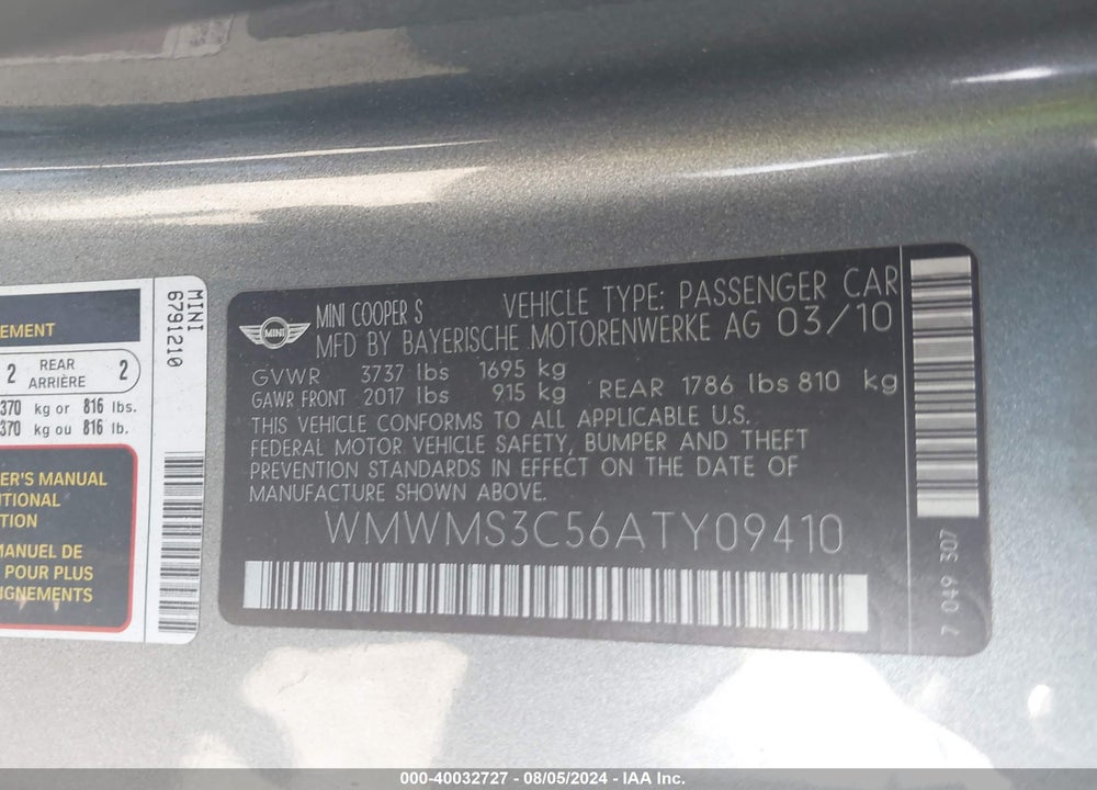 2010 MINI COOPER S VIN: WMWMS3C56ATY09410