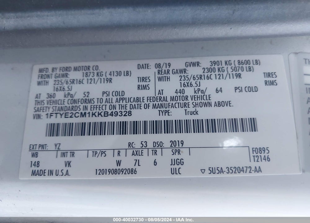 2019 FORD TRANSIT-150 VIN: 1FTYE2CM1KKB49328