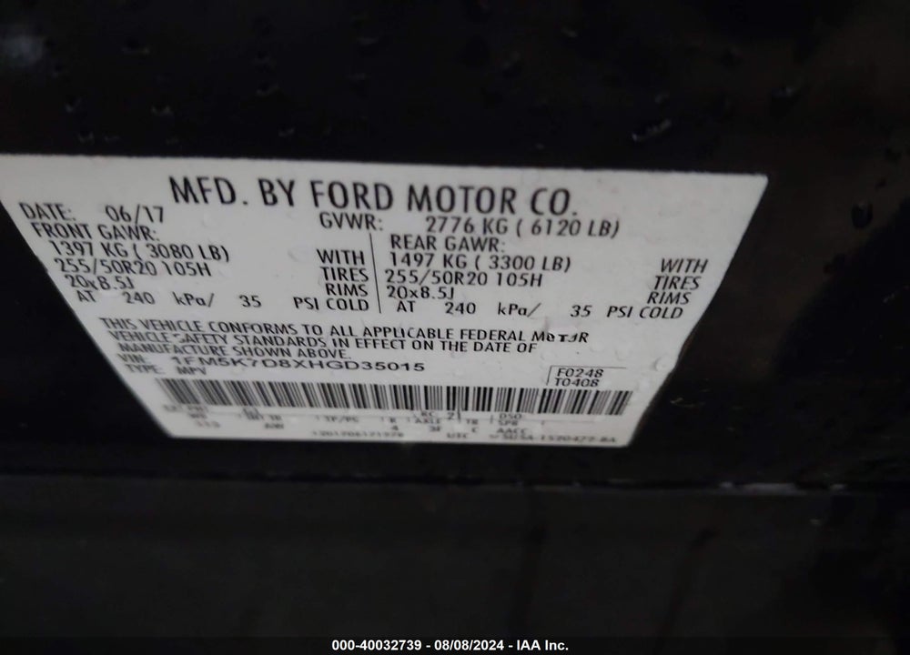 2017 FORD EXPLORER XLT VIN: 1FM5K7D8XHGD35015