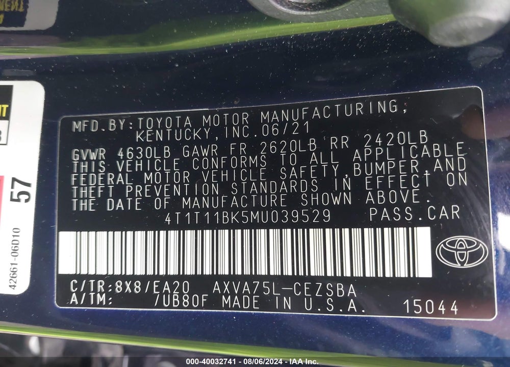 2021 TOYOTA CAMRY SE AWD VIN: 4T1T11BK5MU039529