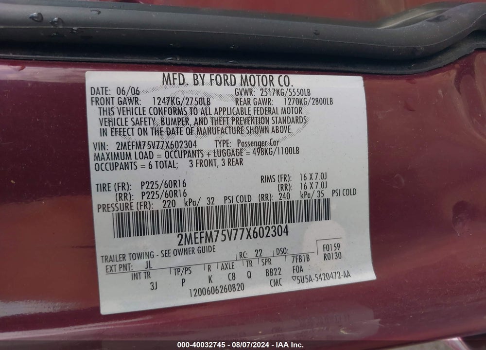 2007 MERCURY GRAND MARQUIS LS VIN: 2MEFM75V77X602304